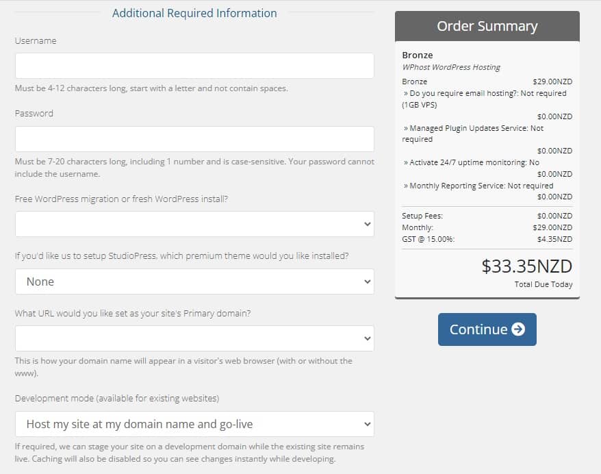 WordPress hosting additional required information